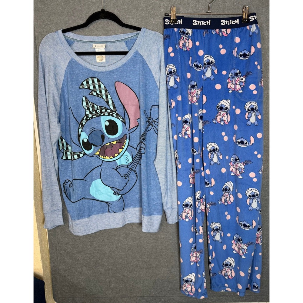 Disney Parks Stitch Pajama Set L Blue Raglan Top Fleece Pants Lounge Disneycore